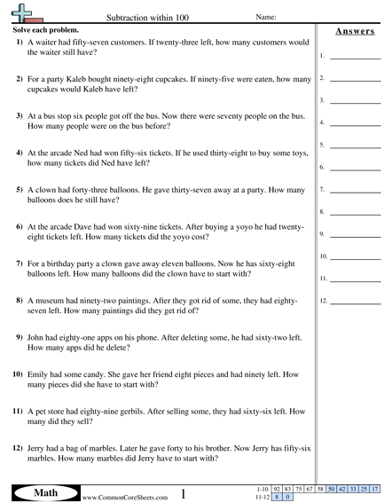Subtraction Worksheets - Subtraction within 100 worksheet